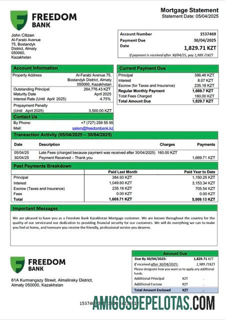 realista Modelo Word e PDF de declaração de hipoteca do Cazaquistão Freedom Bank Cazaquistão